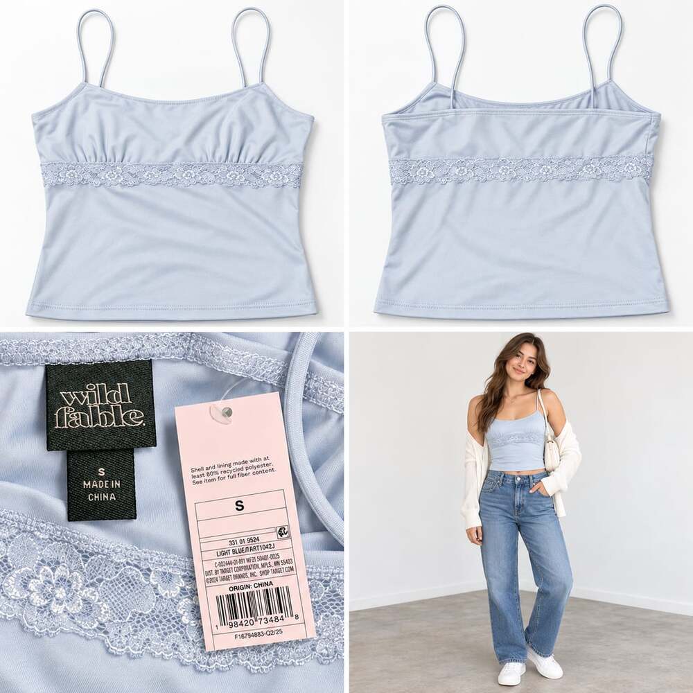 🩵 Wild Fable Light Blue Lace-Trim Cropped Cami Top Small NWT